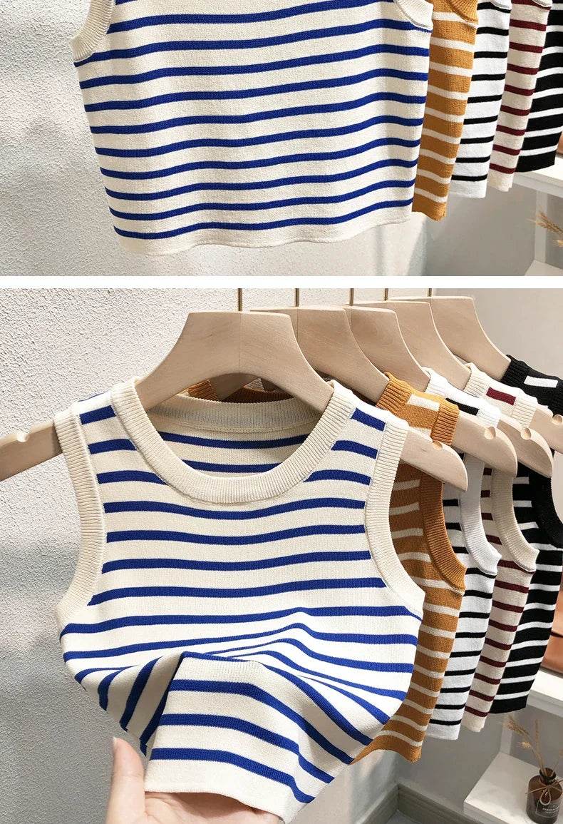 Summer Spring Striped Tank Tops Women Sleeveless Knitted T-Shirts Crop Tops Female Elastic Slim Casual Vests Pullover Camis - AIAZ