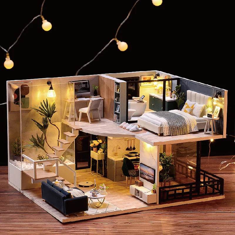 Doll House Kit 3D Wooden Mini DollHouse Assembly Building with Furniture Kit Toys Children's Birthday Gift 3D Puzzle Handmade - AIAZ
