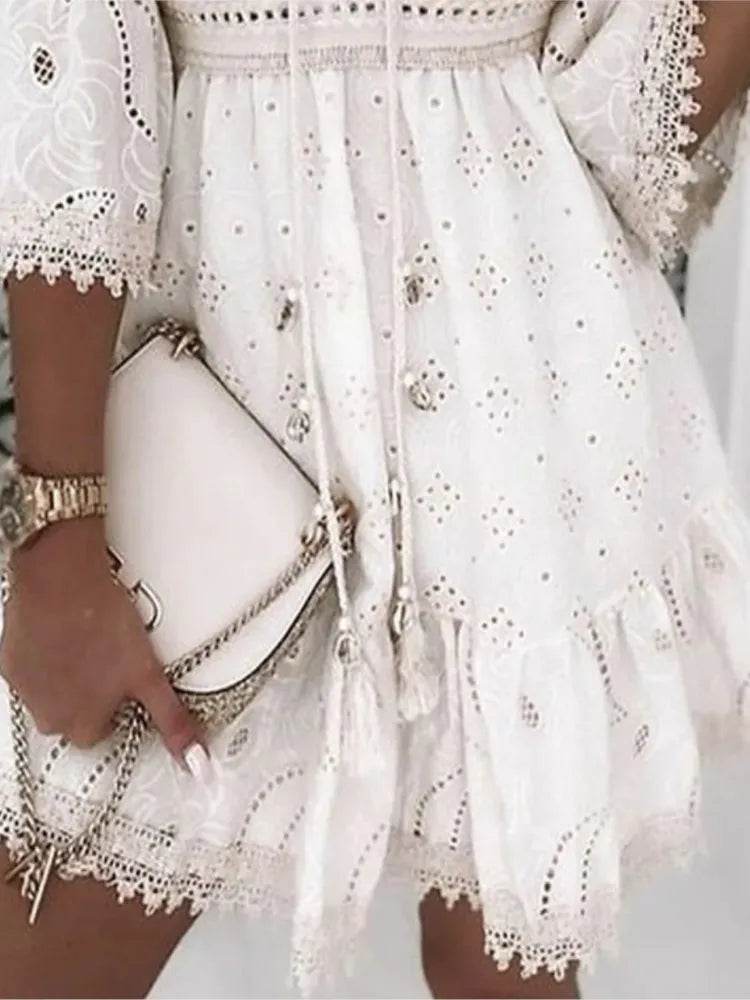 Elegant Women White Hollow Lace Mini Dress Summer V-neck Patchwork Lace Up Three Quarter Sleeve Ladies Vacation Beach Dresses - AIAZ