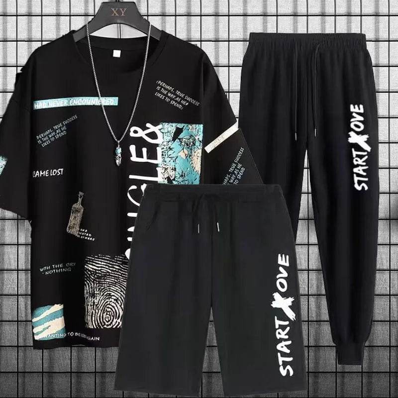 Trendy short-sleeved t-shirt youth quick-drying sports shorts three-piece summer men's casual thin student suit - AIAZ