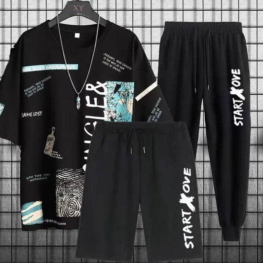 Trendy short-sleeved t-shirt youth quick-drying sports shorts three-piece summer men's casual thin student suit - AIAZ