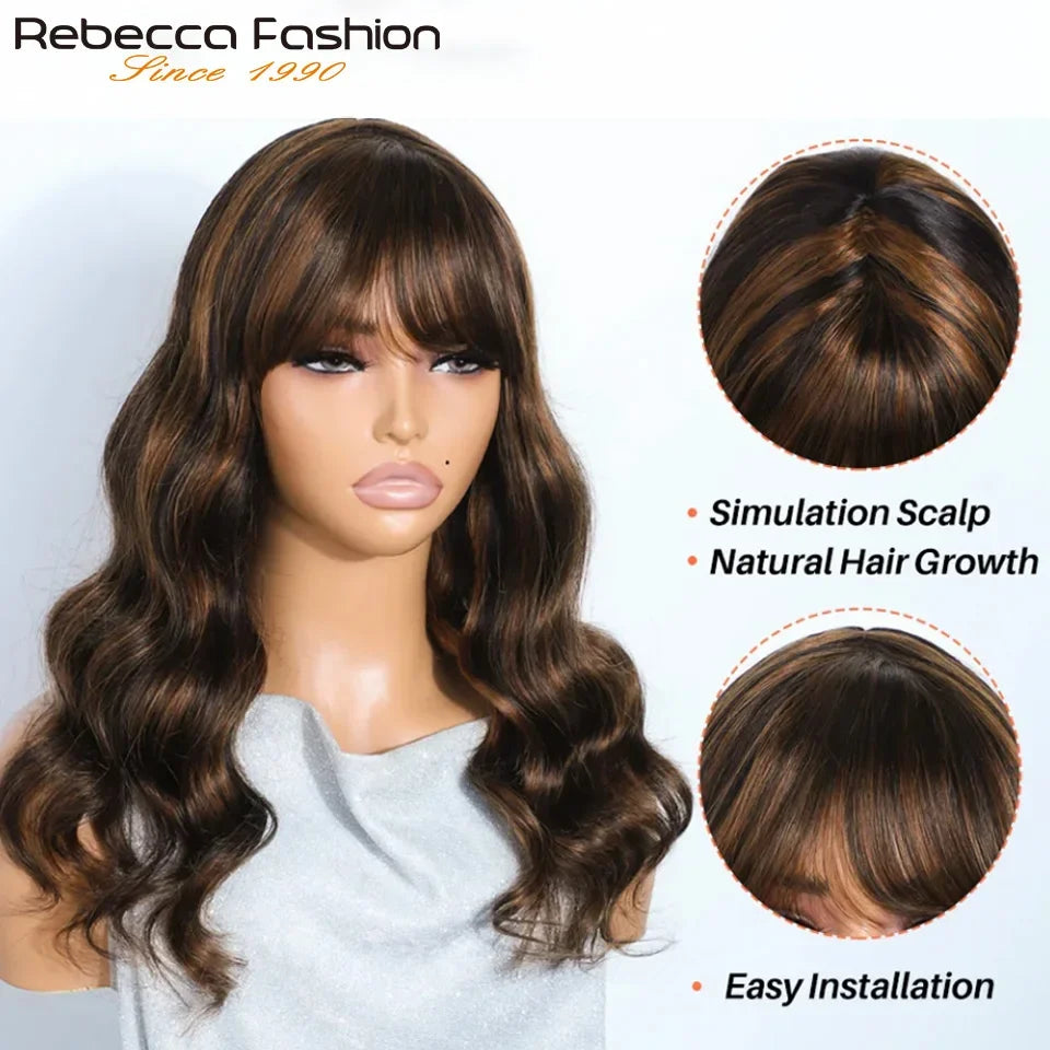 180D Highlight Body Wave Human Hair Wig With Bangs Put On And Go Ombre Blonde Peruvian Body Wavy Human Hair Wigs For Women