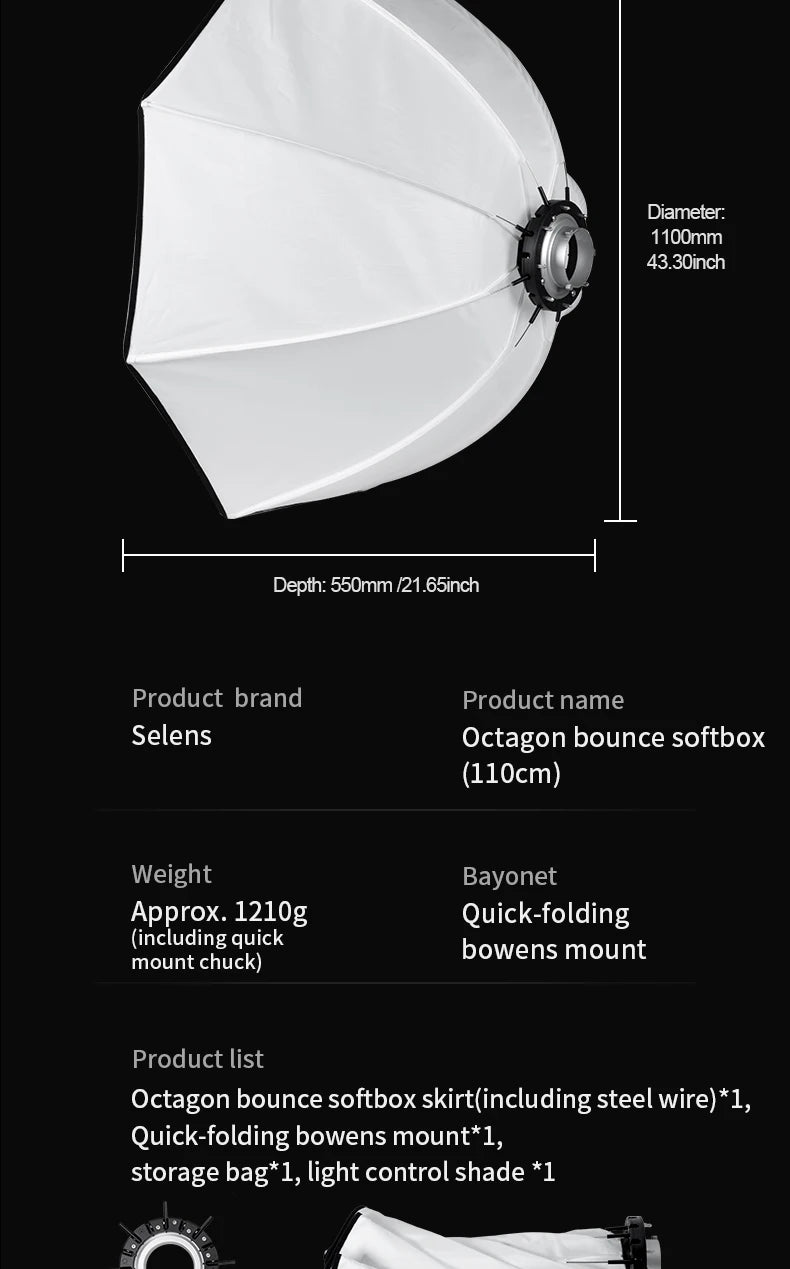 Selens 70cm 90cm 110cm Reverse Octagonal Softbox Photo Studio Kits Bowens Mount Octagon Umbrella Softbox Photography Accessories