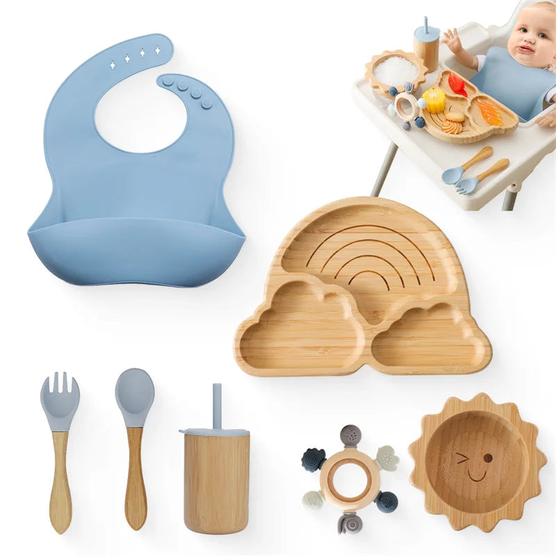 7pcs Silicone Baby Feeding Set Baby Feeding Supplies Kids Bamboo Dinnerware With Cup Children's Dishes Bowl Stuff Tableware Gift