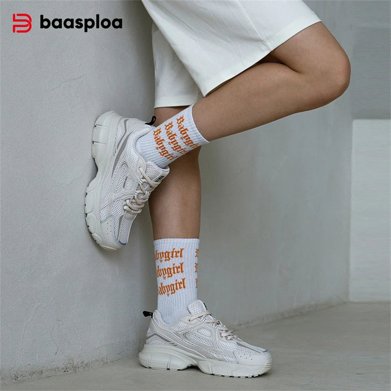 Baasploa Women Sports Shoes Outdoor Breathable Non-slip Jogging Sneakers Female Lightweight Mesh Lace-up Retro Running Shoes