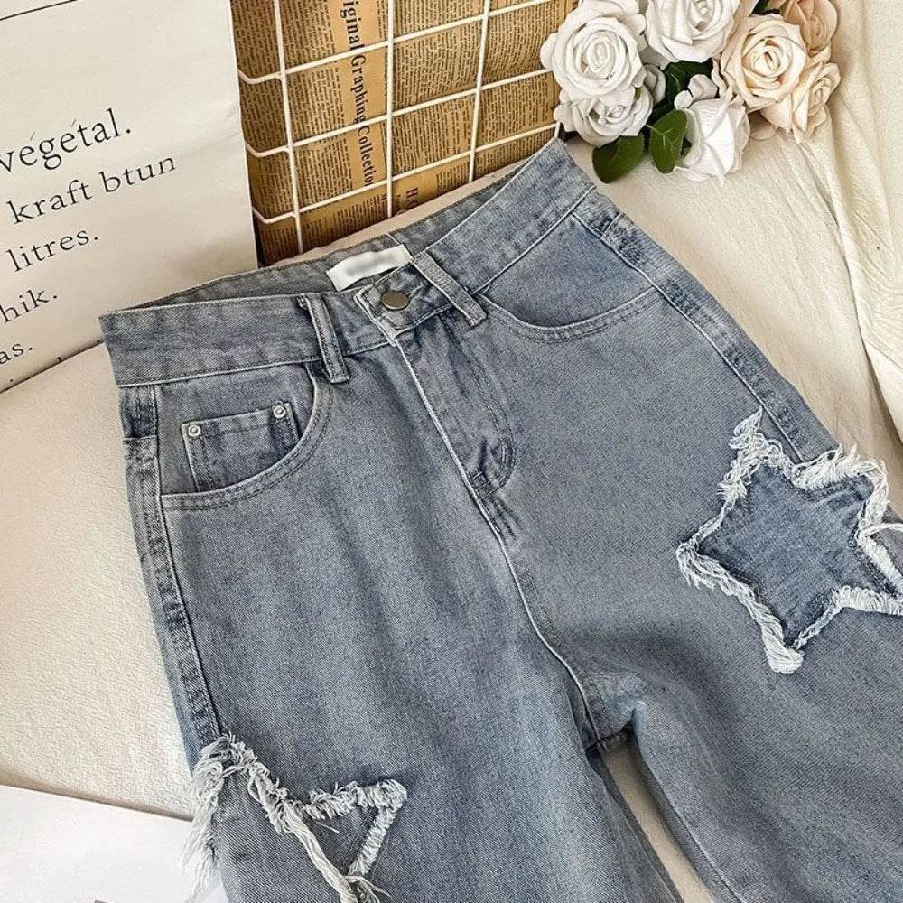 Denim Popular Ins Fashion Korean WIth Star Spring Autumn New High Waist Straight Leg Loose Fitting Jeans - AIAZ