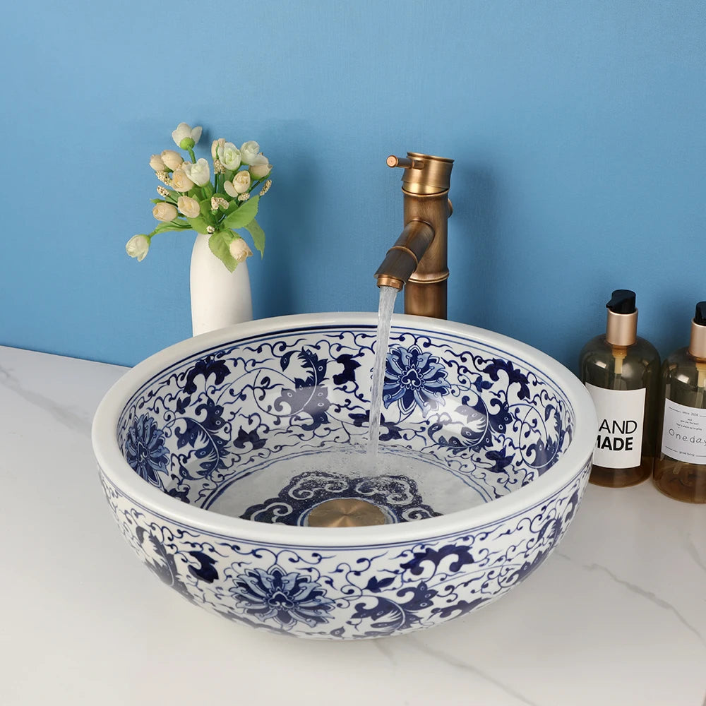 ZAPPO Jindezhen Ceramic Bathroom Vessel Sink Faucet Combo Round Washbasin Sinks for Bathroom Basin Sink Bowl with Mixer Tap