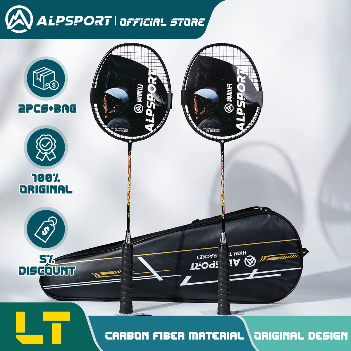 ALP LT 2Pcs/lot 100% Carbon Fiber Elastic 4U 30Lbs Racket Offensive and Defensive Professional Badminton Racket With Bag