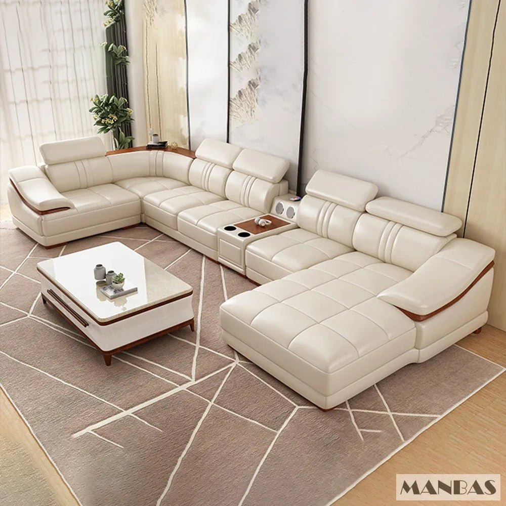 Elegant Leather Sectional Sofas Sets with Cup Holder, Adjustable Headrests & Bluetooth Speaker - MINGDIBAO Living Room Couches