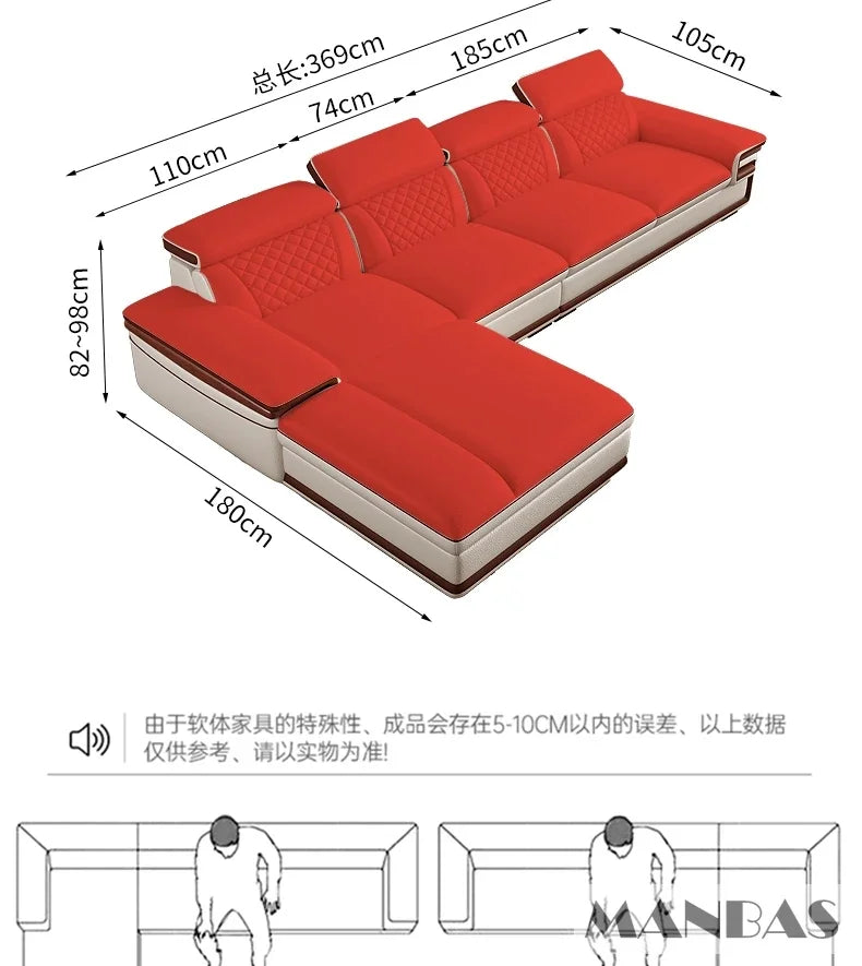 MINGDIBAO Premium Italian Genuine Leather Sofa Set for Living Room with Adjustable Headrests and Built-in Bluetooth Speaker, USB