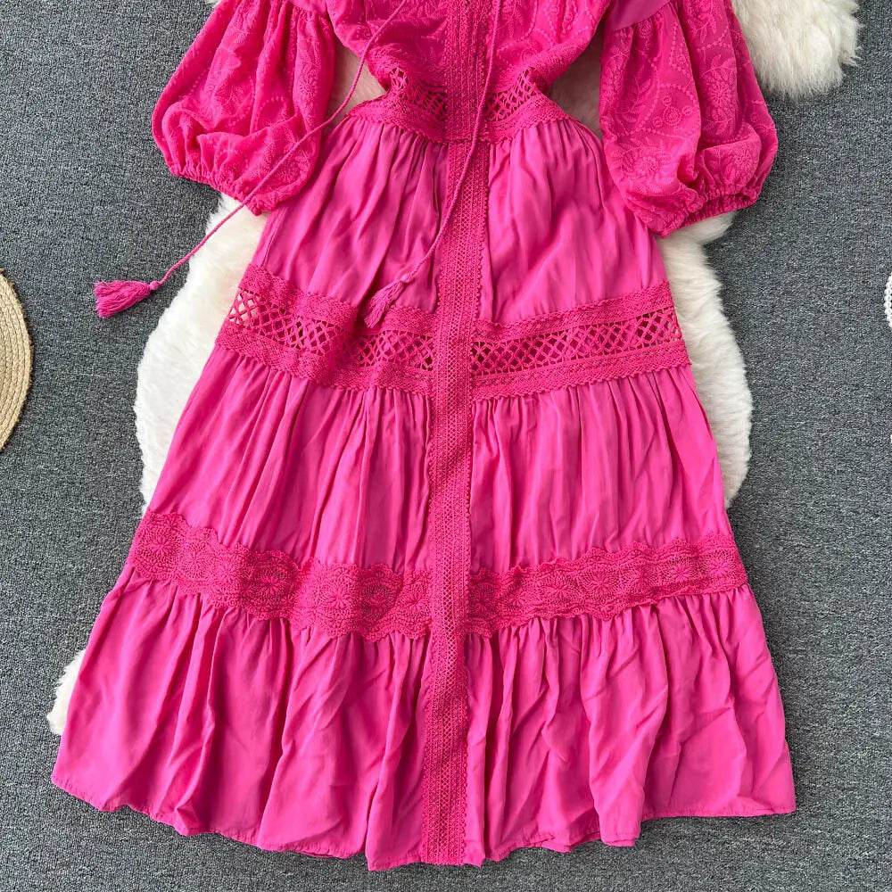 New Women Lantern Sleeved Elegant Dress Summer French Hollowed Out Mid Length Dresses Korean Style Vintage Long Dress - AIAZ