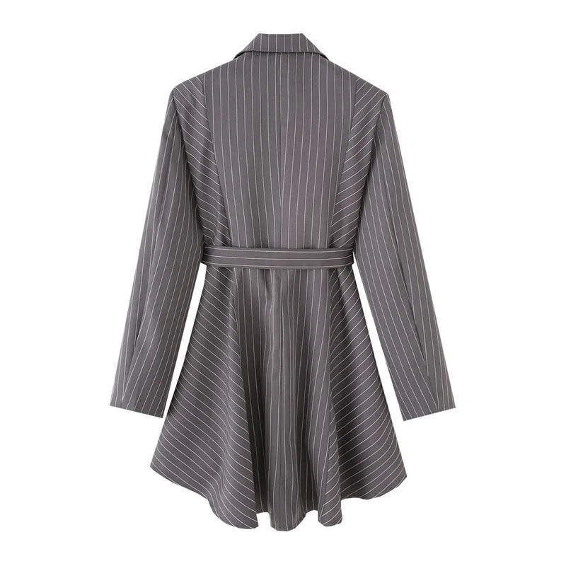 KEYANKETIAN Spring/Autumn New Women's Irregular Design Gray Striped Suit Outerwear Office Lady With Belt Slim Mid-length Coat
