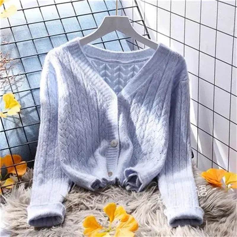 Women Cardigans Autumn Winter 2024 Single Breasted V-neck Knitted Sweater Spring Fashion Short Knitwear Solid Cardigan Jumpers - AIAZ