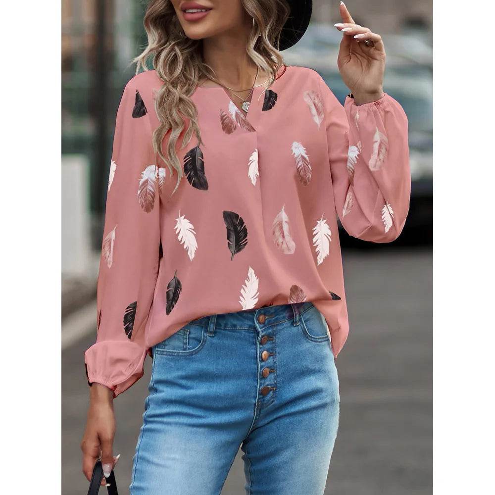 Fashion Woman Blouse Shirts For Women Stylish Top long Sleeve Feather Pattern Female Tops Elegant Chiffon Mujer Woman Clothes - AIAZ