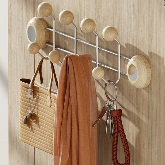 Stainless Steel Double Rows Door Hooks Simple Wood Grain Strong Adhesive Hooks Creative Multifunctional Art Home Decoration