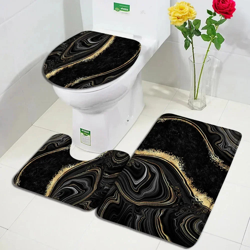 Abstract Marble Bath Mat Sets Modern Geometric Gold Lines Blue Texture Pattern Bathroom Decor Carpet Non-Slip Rugs Toilet Cover