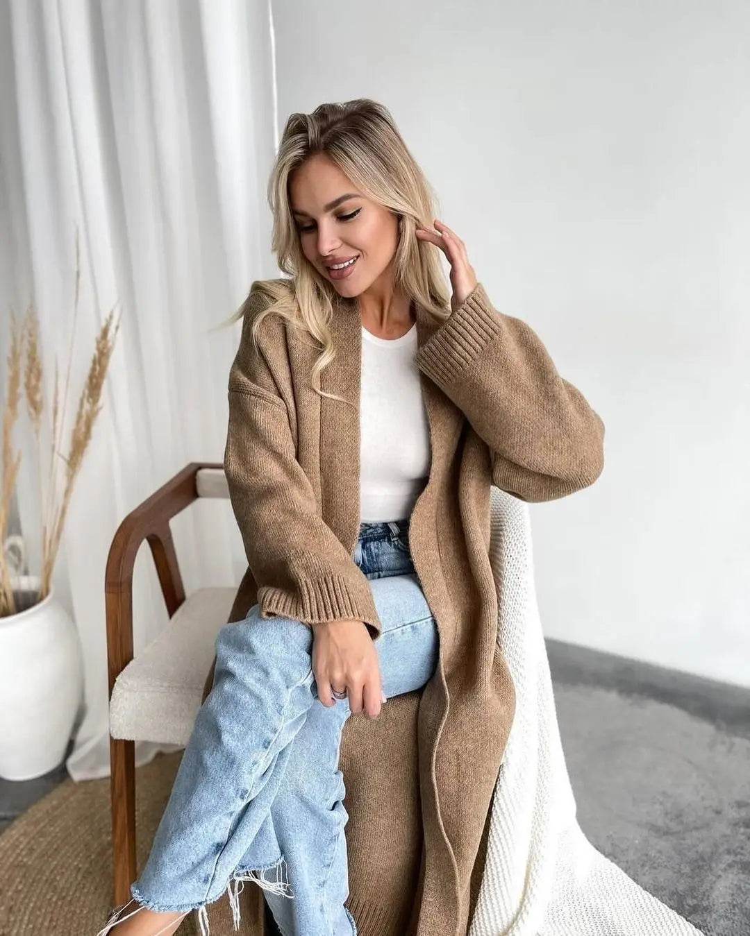Women's Cardigan Wool Jacket Loose Retro Temperament Elegant Solid Color Collarless Knitted Long Sleeved Cardigan Jacket - AIAZ