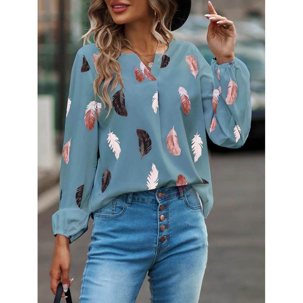 Fashion Woman Blouse Shirts For Women Stylish Top long Sleeve Feather Pattern Female Tops Elegant Chiffon Mujer Woman Clothes - AIAZ