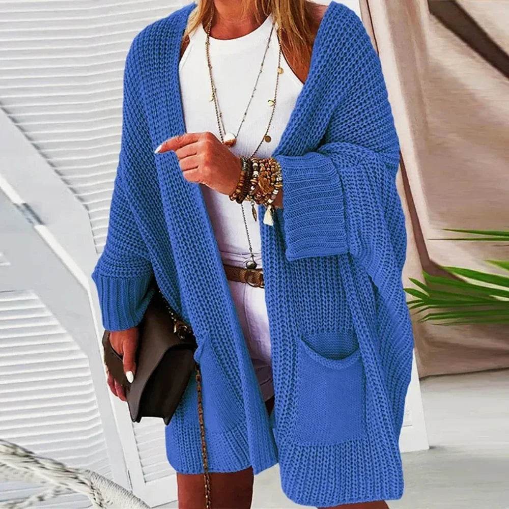 2025 New Knitted Long Cardigan for Women Autumn Casual Loose V-Neck Sweater Coats Ladies Elegant Solid Jumper Jacket with Pocket - AIAZ