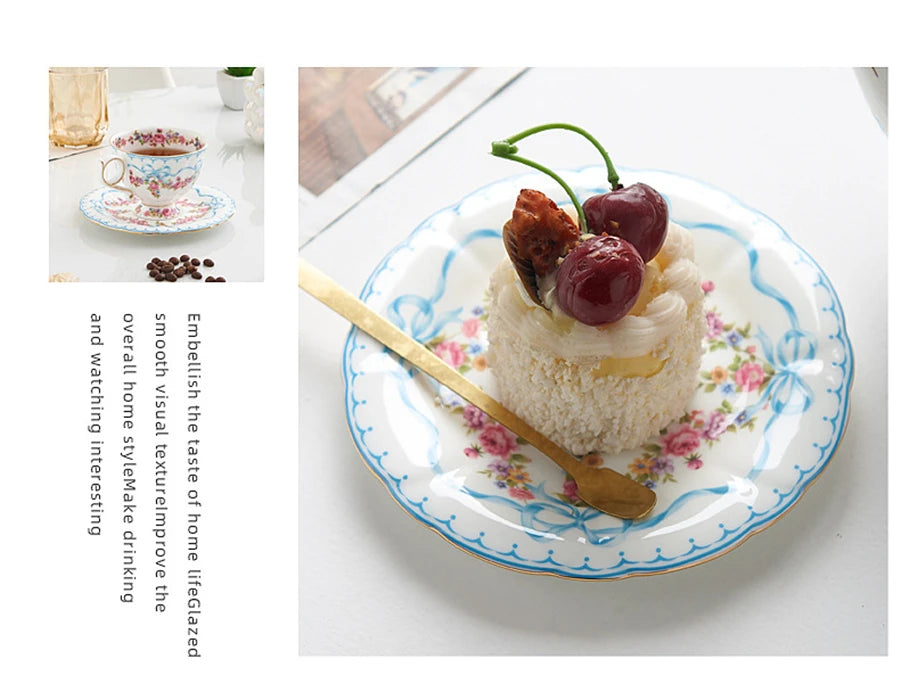 Ceramic Cup and Saucer Retro Bone China Coffee Cup French Romantic Elegant Floral Bow Afternoon Tea Drinkware Handmade Teapot