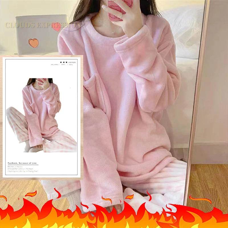Autumn Winter Flannel Women's Pajamas Sets Polka Dots Printed Teddy Sleepwear Velvet Homewear Kawaii Girsl Pijamas Mujer Pyjama - AIAZ