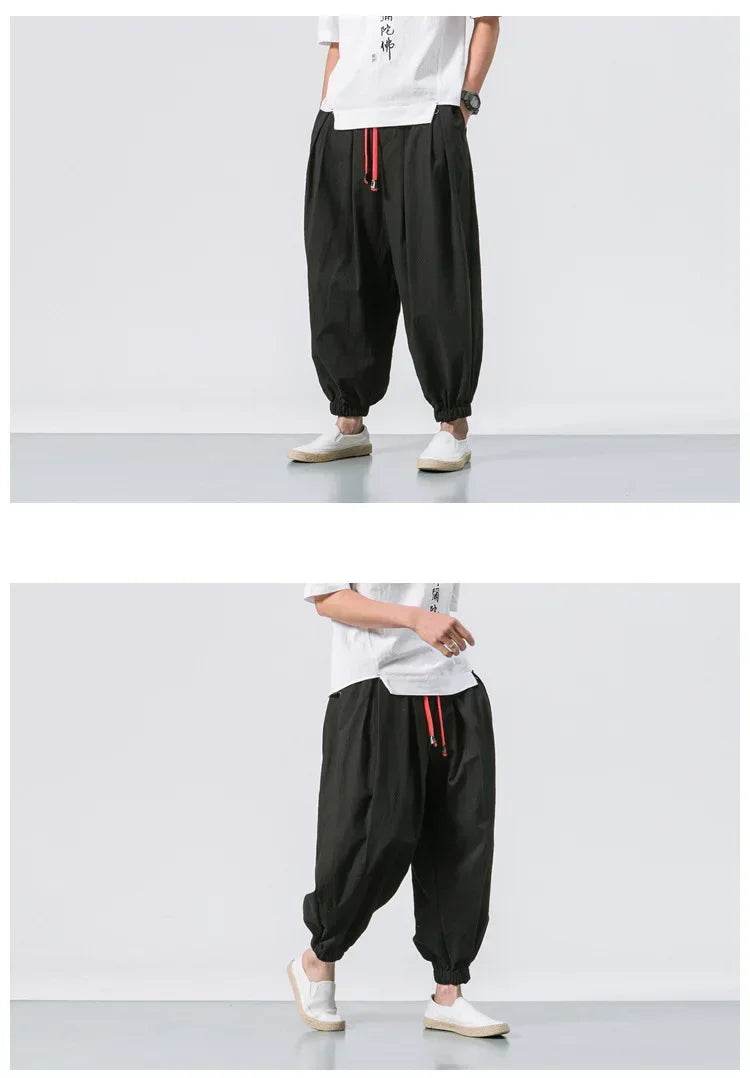 New Trendy Men Harem Pants Loose Oversized Style Cotton and Linen High Quality Jogger Sweatpants Casual Male Trousers - AIAZ