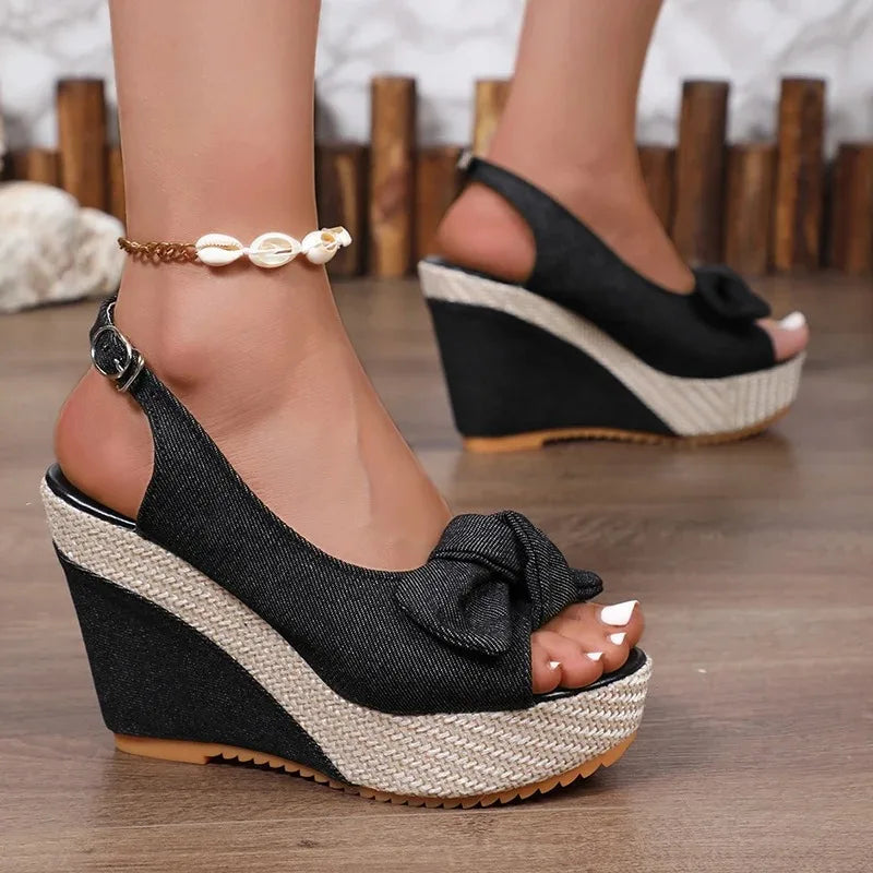 Fashion Bowknot Wedge Heel Sandals for Women Denim Peep Toe Chunky Platform Sandalias Mujer Back Strap High Heel Gladiator Shoes