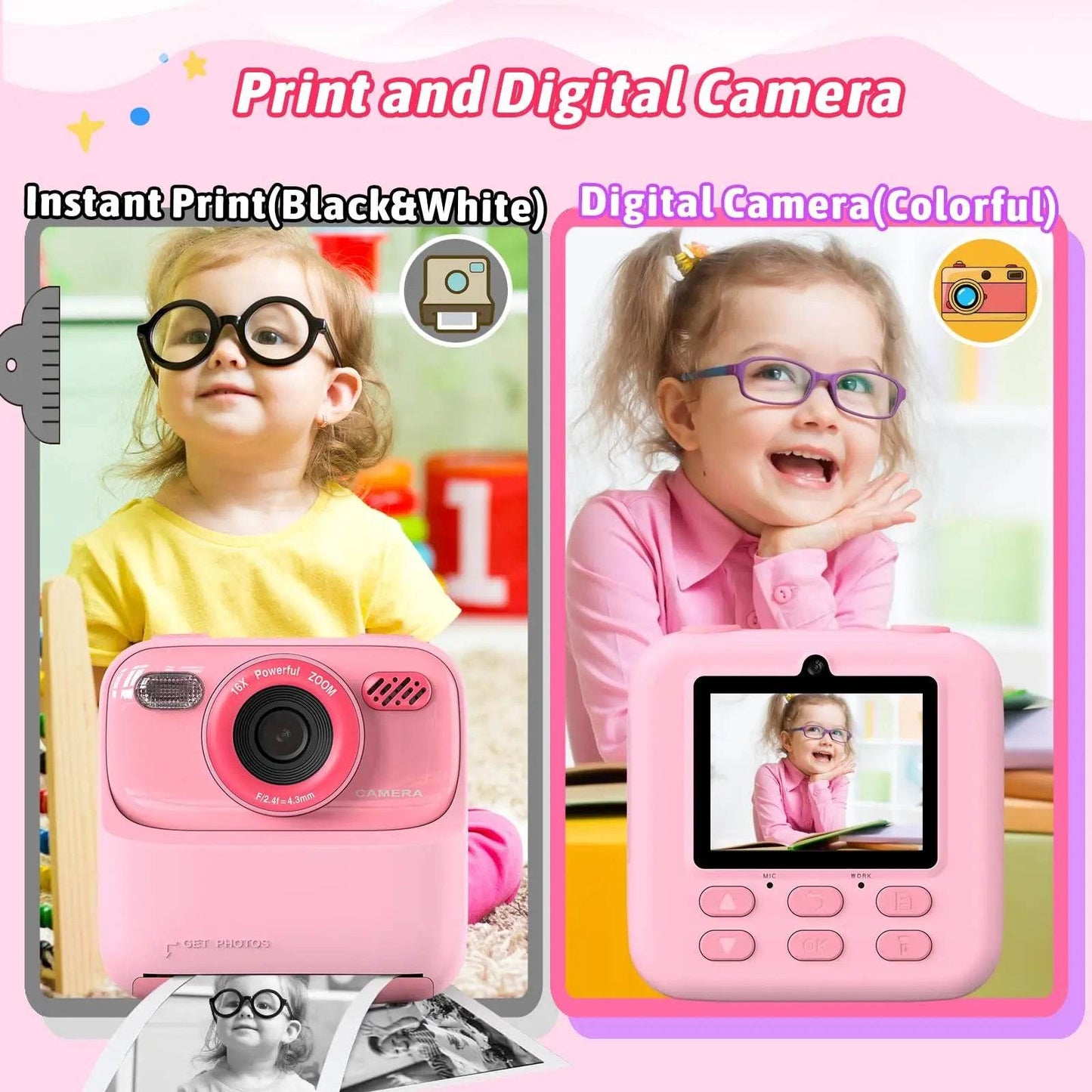 AMORUS Kids Camera Instant 1080P HD Dual Lens Selfie Digital Camera for Girls Boys Christmas Birthday Gifts Toys With 32G Print - AIAZ