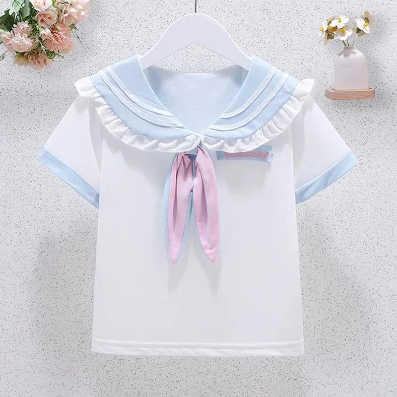 Summer Children Girls Student Uniform Set JK Mandarin Collar Tshirts and Pleated Skirts 2 Pieces Suit Kid Top Bottom Clothes