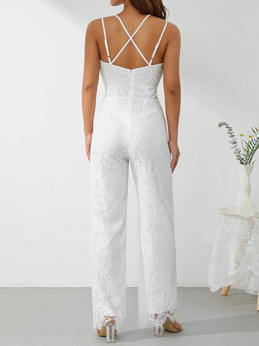 Elegant Women Jumpsuit Spaghetti Straps V Neck Solid Color Lace Open Back Wide-leg Jumpsuits Long Playsuit Streetwear Y2k Summer - AIAZ