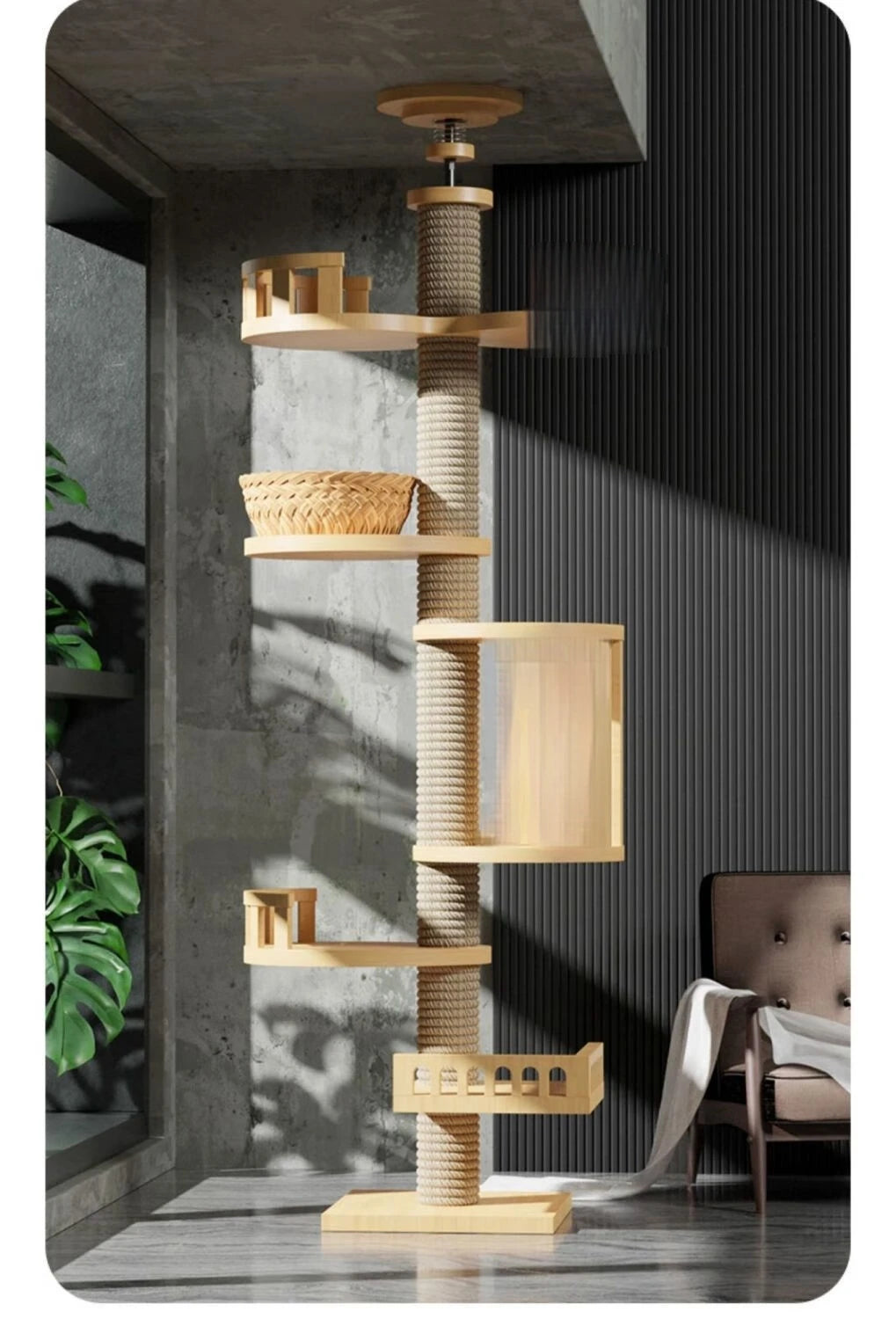 Adjustable Cat Tree House Tower Multi-function Floor To Ceiling Wooden House Tower Soft with Pet Condo Flannel Hammock Bed