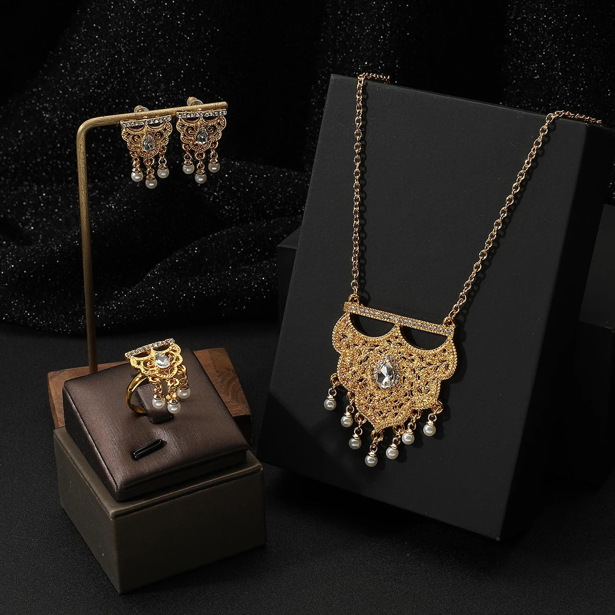 2024 New Unique Design 18k Gold Plated Stainless Steel Necklace earrings ring for women's jewelry set  Wedding Holiday Gifts