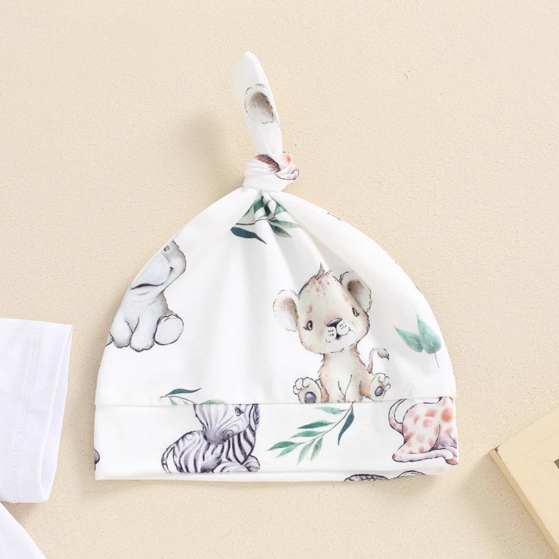 Citgeett Summer Infant Baby Boys Girls Outfits Short Sleeve Animal Print Romper + Pants + Headband + Hat Set Clothes
