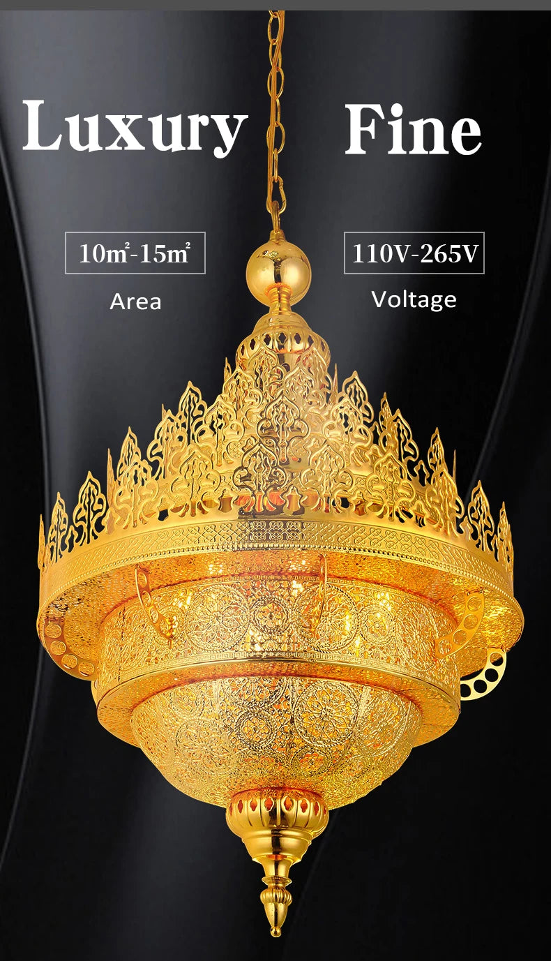 Retro Hollow Carved Pendant Light Hotel Villa Buddha Hall Loft Restaurant Home Decor Gold Ceiling Chandelier Lighting Fixture