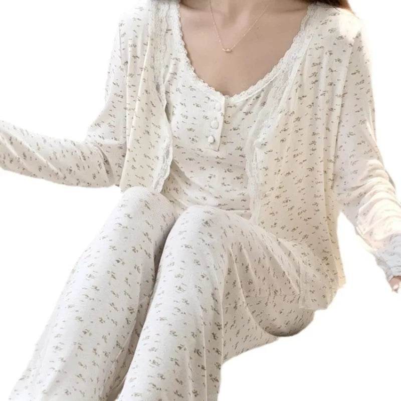 Three-Piece Pajama Set for Women Floral Lace Sweet Cardigan Camisole Homewear Long Sleeves Long Pants Fancy Underwear Ladies - AIAZ