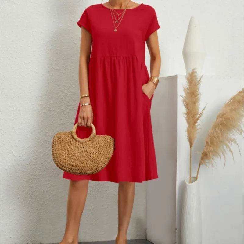 Women's Dresses 2025 Summer Fashion Casual Dresses Women Loose Mid Length Over Knee Dress New Short Sleeve Solid Dress Woman - AIAZ