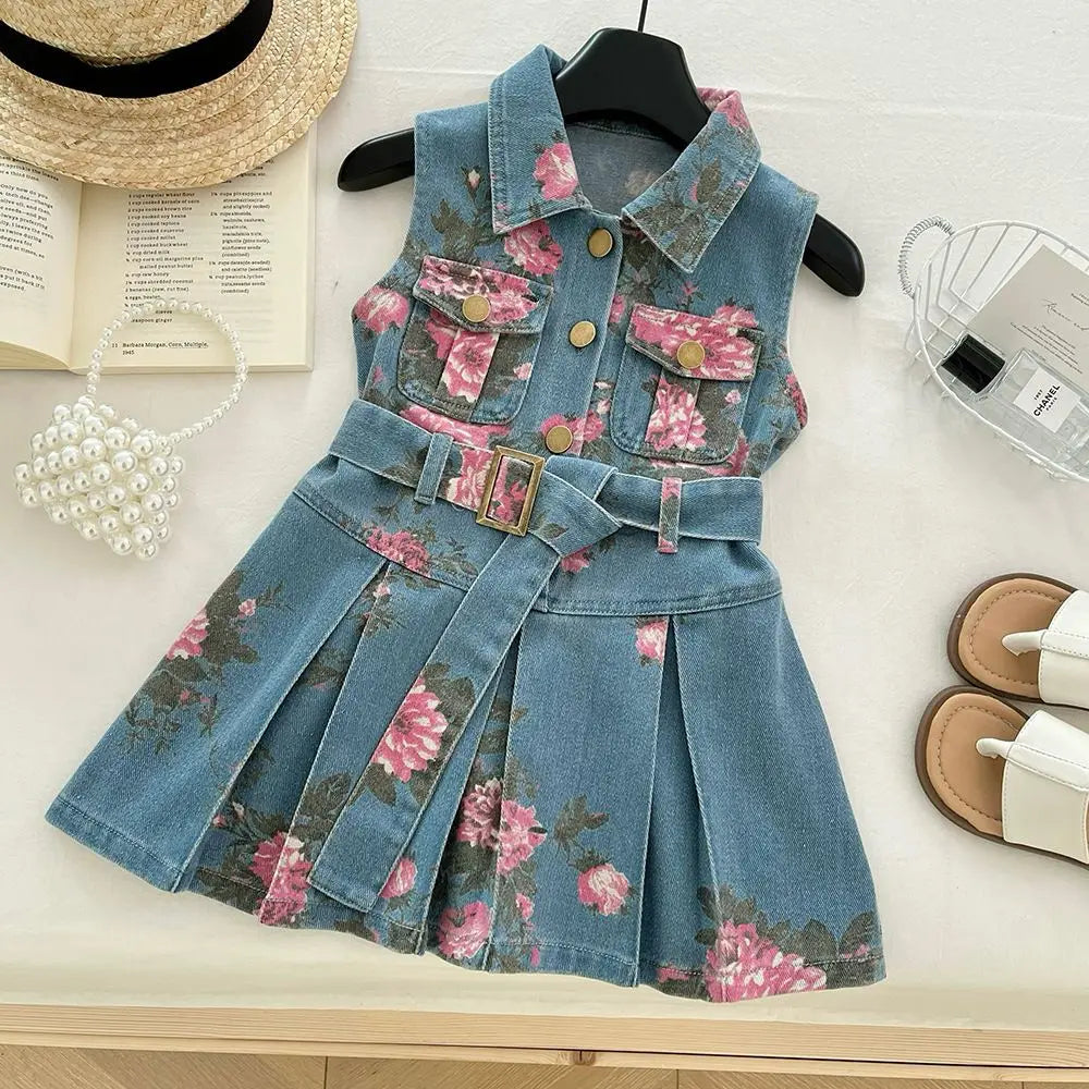 Bear Leader Summer New Korean Version Girls Clothes Lapel and Sleeveless Printed Denim Belt Dress Casual Easter toddler dresses