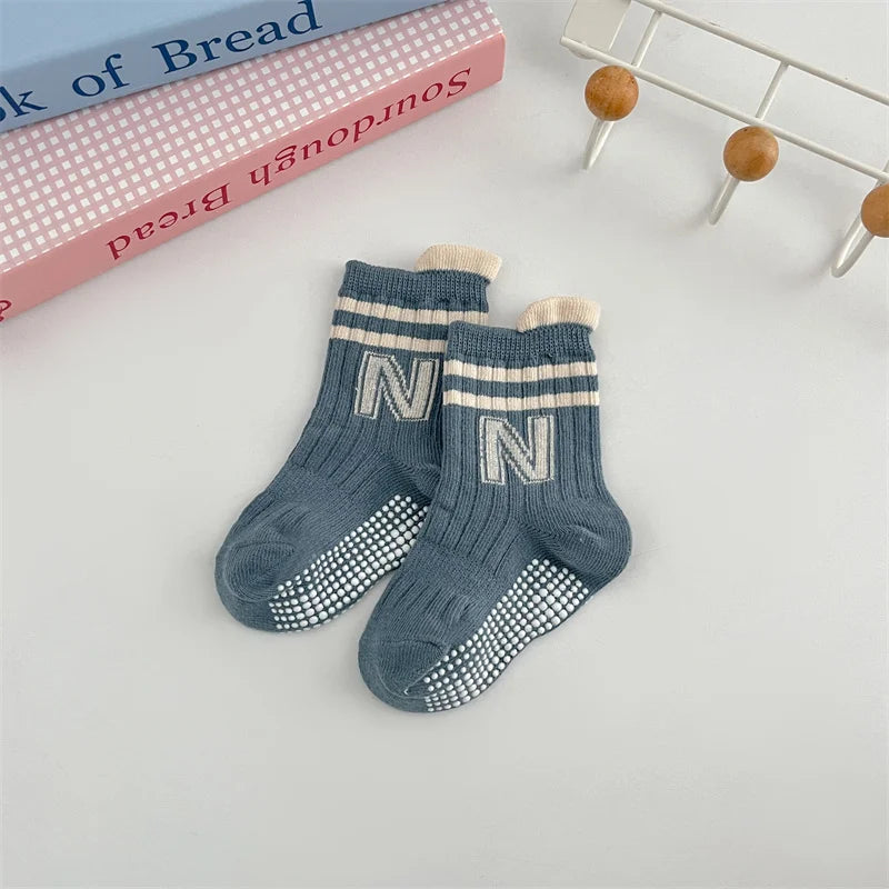 3Pairs/Lot Baby Letter Non-slip Socks Soft Cotton Short Kids Sock Infant Toddler Boys Girls Cute Stripe Socken For 0-5Years
