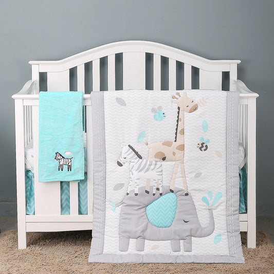 4Pcs Elephant Crib Bed Linen Kit Cartoon Baby Cot Bedding Set for Girls and boys (Comforter Fitted Sheet Crib Skirt Blanket)