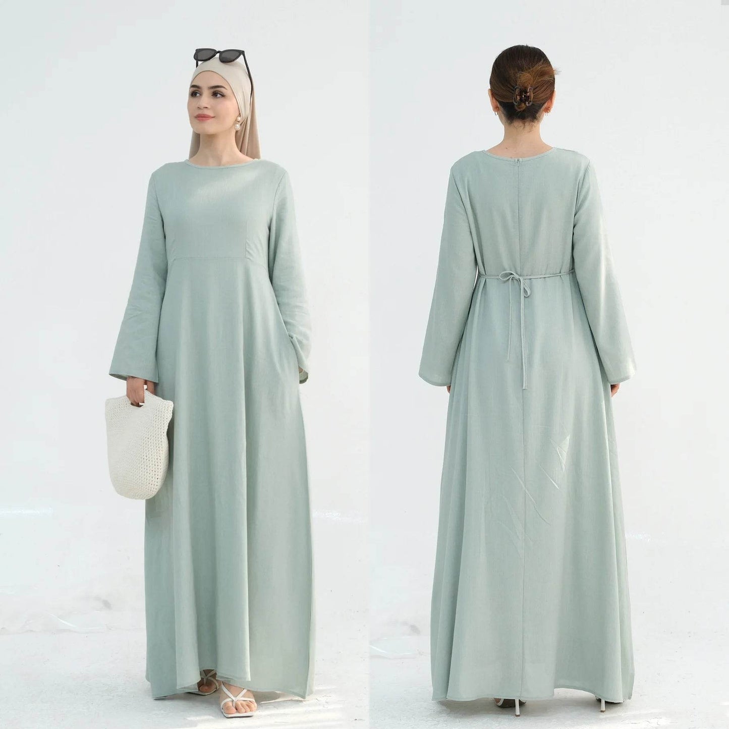 Muslim Women Long Loose Maxi Dress Dubai Turkey Solid Color Cotton Linen Waist Robe Abaya - AIAZ