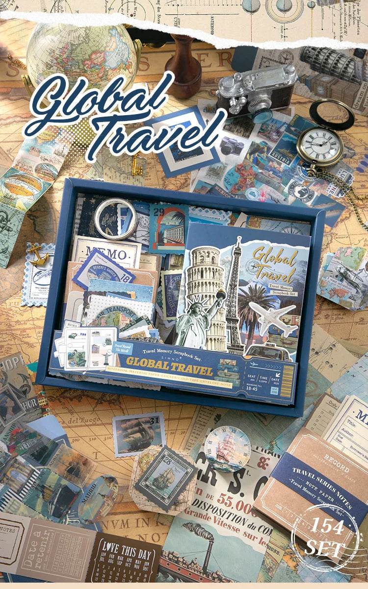 154 Pcs Vintage travel Handbook Gift Boxes School Student Reward Small Gifts Children's Gifts Scrapbook Supplies Stationery Set - AIAZ
