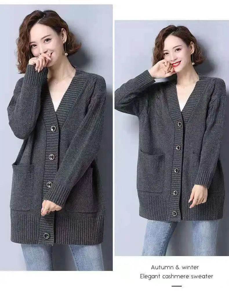 Knitted cardigan women's mid length westernized top autumn and winter new Korean version loose sweater age reducing jacket women - AIAZ