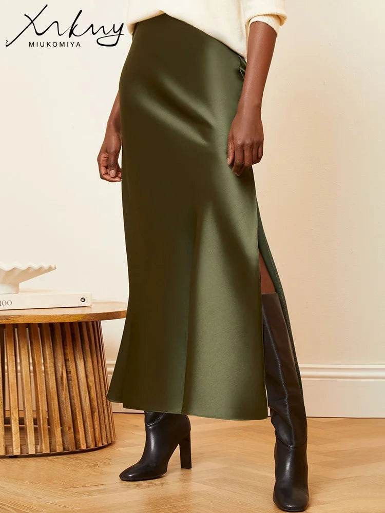 Long Satin Skirts For Women Summer High Quality Skirt With Slit On The Side Silk Elegant Black Maxi Luxury Women's Skirts 2025 - AIAZ