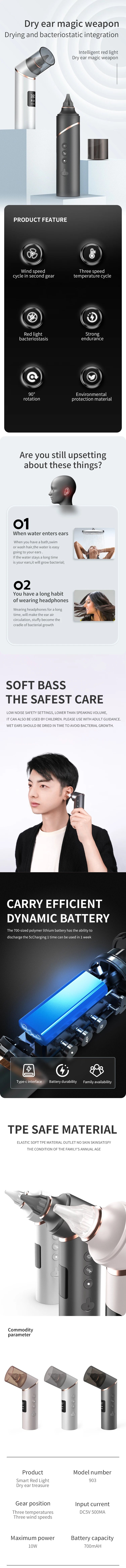 Ear Dryer Smart Thermostat Low Noise Ear Care Device Prevents Bacterial Growth Prevent Ear Canal Inflammation Dry Ear Canal