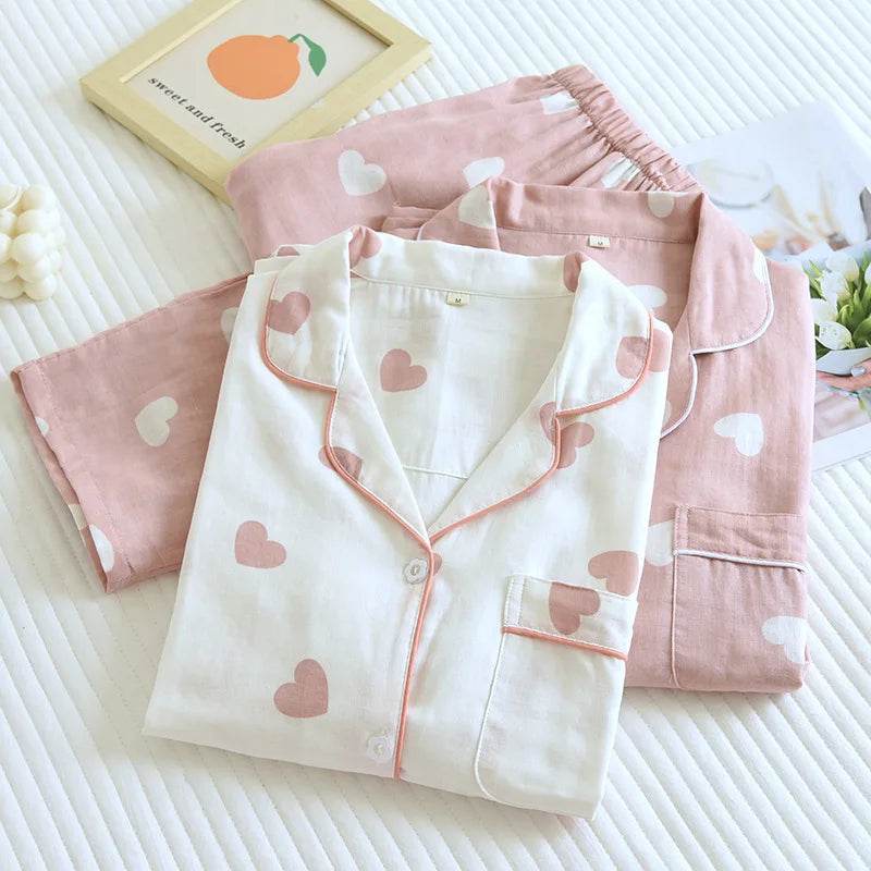 New Spring and Autumn Pajama Set Women's 100% Cotton Long Sleeve Pants Two Piece Love Lovely Sweet Home Furnishing Set - AIAZ
