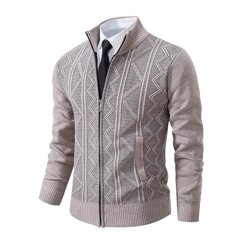 Thickened jacket men's autumn and winter warm trend line stand collar knitted cardigan sweater coat - AIAZ