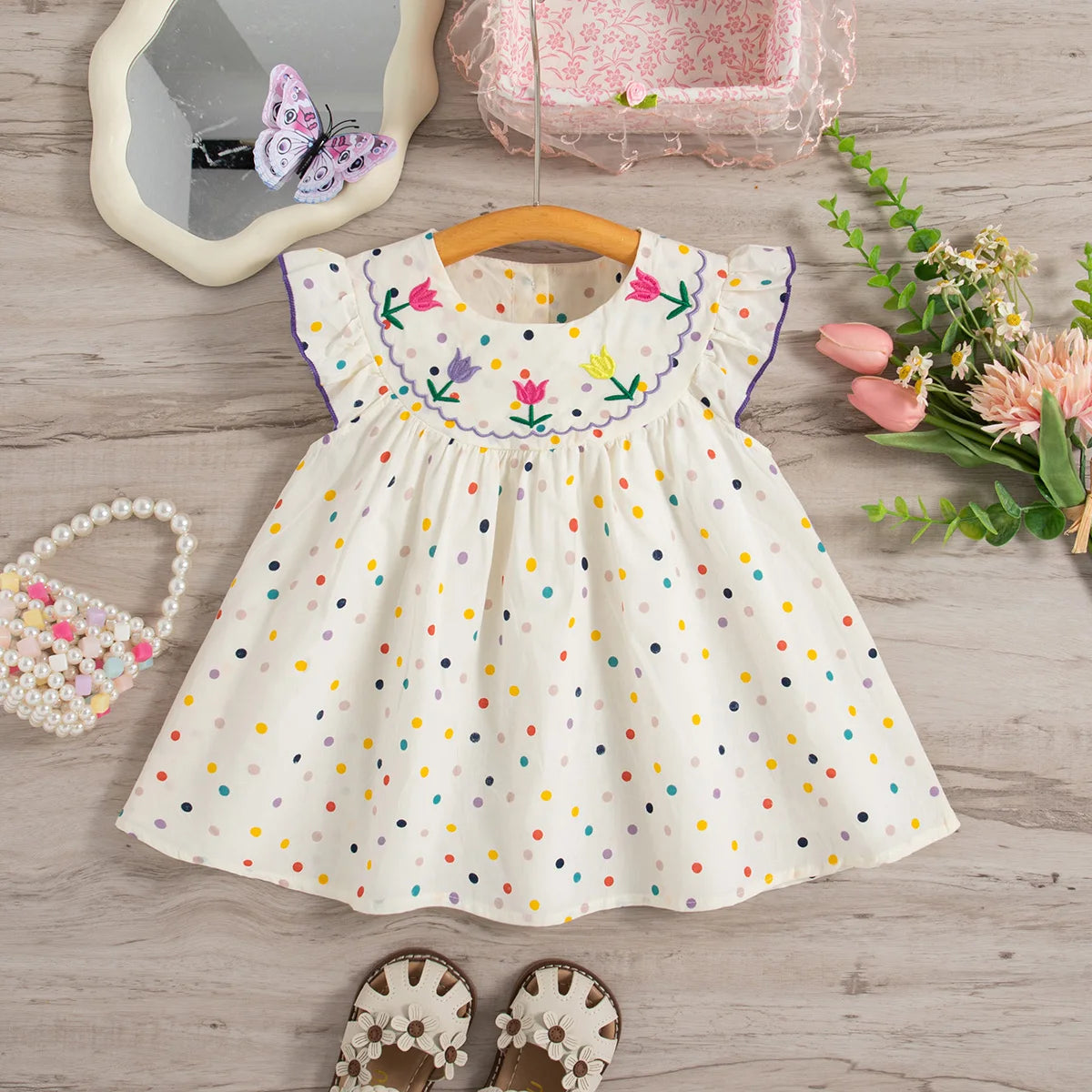 Baby Girl Dress Summer Colorful Polka Dot Flower Embroidery Girls Princess Dress Cute Girls Beach Dresses