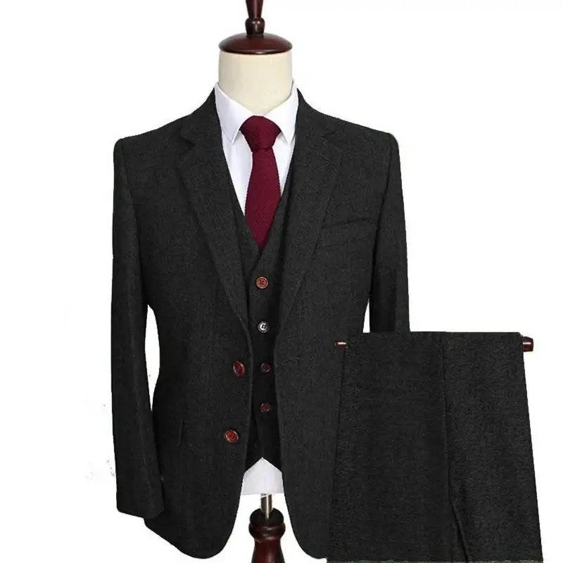 Men Suit 3 Pieces Army Green Tweed Formal Lapel Notch Regular Wedding Groom Banquet Work Tuxedos Set Jacket Vest With Pants - AIAZ