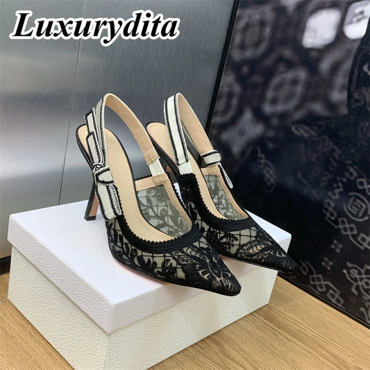 Top Quality Luxury Womens Sandal Casual Lace Flat Fashion Embroidered Muller Shoes Designer Silk Leather Soled High Heel