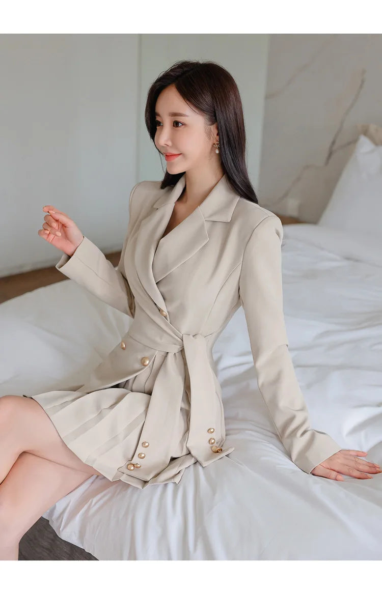 H Han Queen Autumn Winter Dresses Korean Lace-Up Professional Jacket Vestido Elegant Fashion Slim Office Party Casual Dress